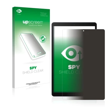 Face avant d’un emballage produit avec le logo de la marque upscreen. À côté, l’appareil Samsung Galaxy Tab A 10.1 2019 est re