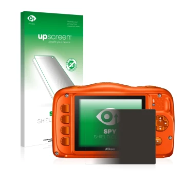 Face avant d’un emballage produit avec le logo de la marque upscreen. À côté, l’appareil Nikon Coolpix W150 est représenté ave