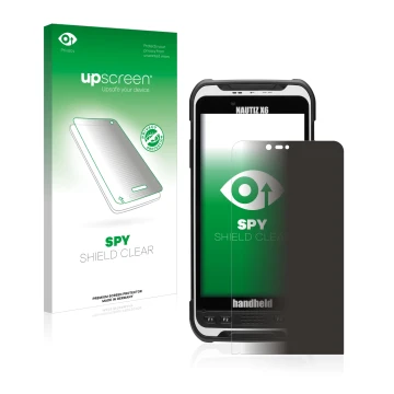 Face avant d’un emballage produit avec le logo de la marque upscreen. À côté, l’appareil Handheld Nautiz X6 est représenté ave