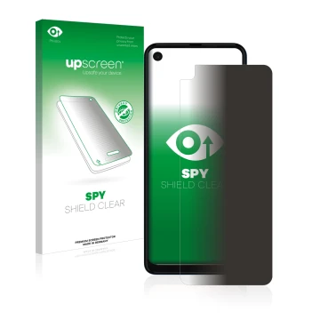 Face avant d’un emballage produit avec le logo de la marque upscreen. À côté, l’appareil Motorola One Vision est représenté av