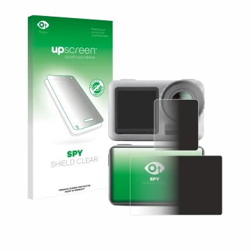 Face avant d’un emballage produit avec le logo de la marque upscreen. À côté, l’appareil DJI Osmo Action est représenté avec l