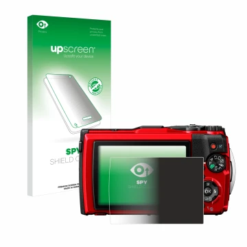 Face avant d’un emballage produit avec le logo de la marque upscreen. À côté, l’appareil Olympus Tough TG-6 est représenté ave