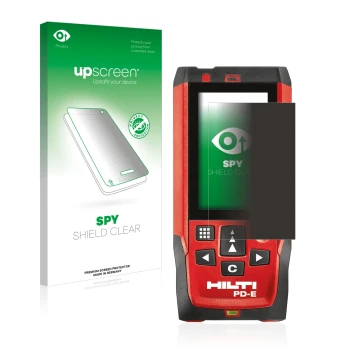 Face avant d’un emballage produit avec le logo de la marque upscreen. À côté, l’appareil Hilti PD-E est représenté avec la pro