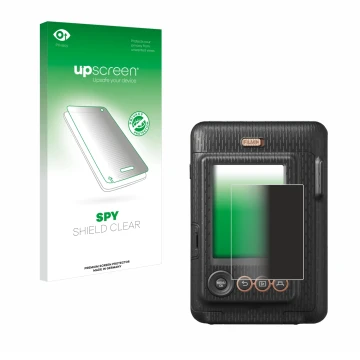 Face avant d’un emballage produit avec le logo de la marque upscreen. À côté, l’appareil Fujifilm Instax Mini LiPlay est repré