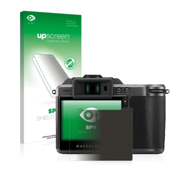 Face avant d’un emballage produit avec le logo de la marque upscreen. À côté, l’appareil Hasselblad X1D II 50C est représenté 