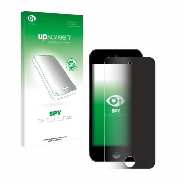 Face avant d’un emballage produit avec le logo de la marque upscreen. À côté, l’appareil Apple iPod Touch (7ème Gen.) est repr