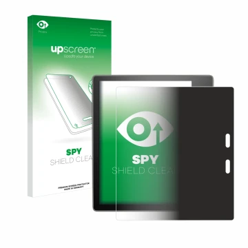 Face avant d’un emballage produit avec le logo de la marque upscreen. À côté, l’appareil Amazon Kindle Oasis 2019 (10ème Gen.)