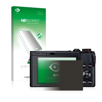 Face avant d’un emballage produit avec le logo de la marque upscreen. À côté, l’appareil Canon PowerShot G5 X Mark II est repr