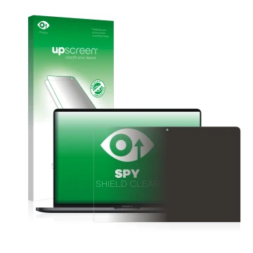 Face avant d’un emballage produit avec le logo de la marque upscreen. À côté, l’appareil Apple MacBook Pro 13