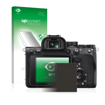 Face avant d’un emballage produit avec le logo de la marque upscreen. À côté, l’appareil Sony Alpha 7R IV est représenté avec 