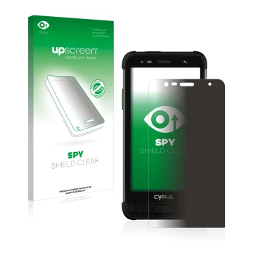 Face avant d’un emballage produit avec le logo de la marque upscreen. À côté, l’appareil Cyrus CS45 XA est représenté avec la 