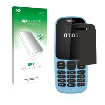 Face avant d’un emballage produit avec le logo de la marque upscreen. À côté, l’appareil Nokia 105 2019 est représenté avec la