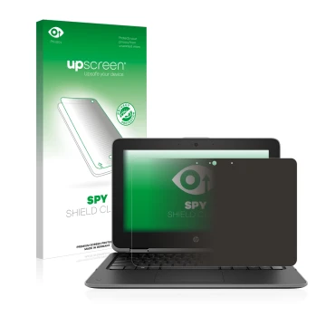 Face avant d’un emballage produit avec le logo de la marque upscreen. À côté, l’appareil HP ProBook x360 11 G3 est représenté 