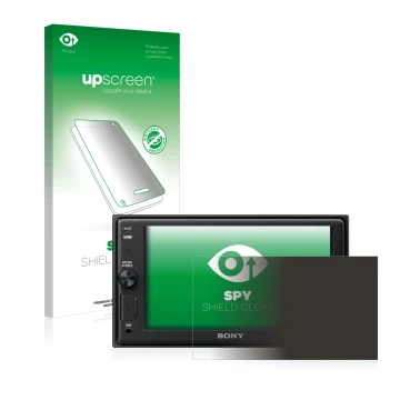 Face avant d’un emballage produit avec le logo de la marque upscreen. À côté, l’appareil Sony XAV-AX1005DB est représenté avec