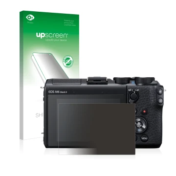 Face avant d’un emballage produit avec le logo de la marque upscreen. À côté, l’appareil Canon EOS M6 Mark II est représenté a