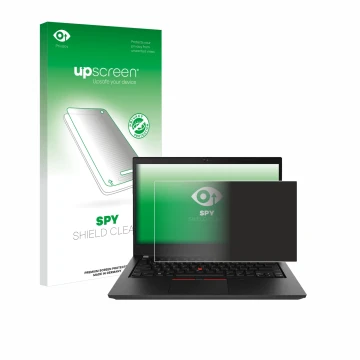 Face avant d’un emballage produit avec le logo de la marque upscreen. À côté, l’appareil Lenovo ThinkPad T490 Non-Touch est re