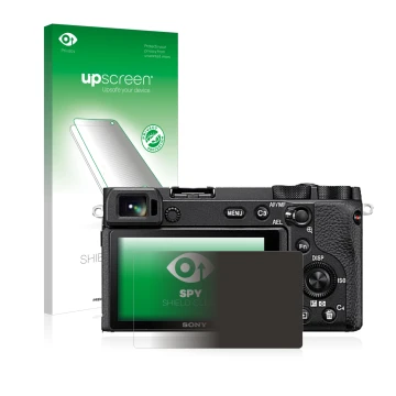 Face avant d’un emballage produit avec le logo de la marque upscreen. À côté, l’appareil Sony Alpha 6600 est représenté avec l