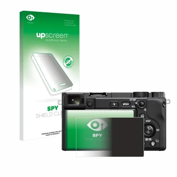 Face avant d’un emballage produit avec le logo de la marque upscreen. À côté, l’appareil Sony Alpha 6100 est représenté avec l