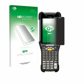 Face avant d’un emballage produit avec le logo de la marque upscreen. À côté, l’appareil Zebra MC9300 est représenté avec la p