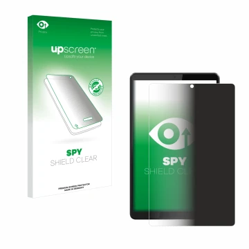 Face avant d’un emballage produit avec le logo de la marque upscreen. À côté, l’appareil Lenovo Tab M8 est représenté avec la 