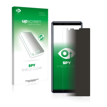 Face avant d’un emballage produit avec le logo de la marque upscreen. À côté, l’appareil Sony Xperia 5 est représenté avec la 