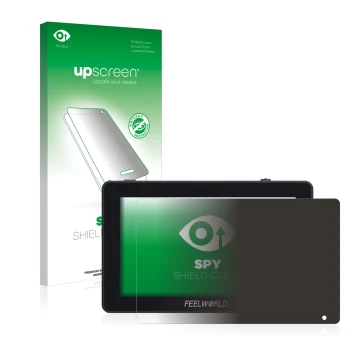 Face avant d’un emballage produit avec le logo de la marque upscreen. À côté, l’appareil Feelworld F6 Plus est représenté avec
