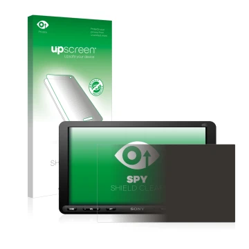 Face avant d’un emballage produit avec le logo de la marque upscreen. À côté, l’appareil Sony XAV-AX8050D est représenté avec 