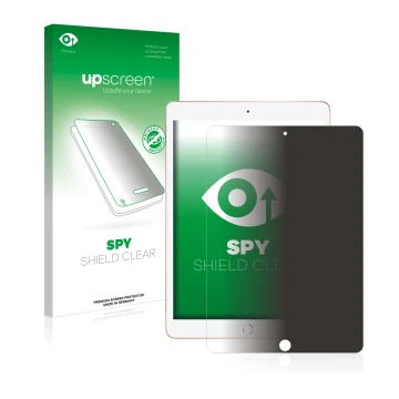 Face avant d’un emballage produit avec le logo de la marque upscreen. À côté, l’appareil Apple iPad 10.2