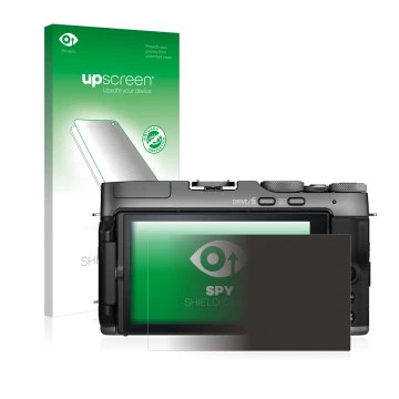 Face avant d’un emballage produit avec le logo de la marque upscreen. À côté, l’appareil Fujifilm X-A7 est représenté avec la 