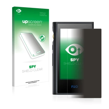 Face avant d’un emballage produit avec le logo de la marque upscreen. À côté, l’appareil FiiO M9 est représenté avec la protec
