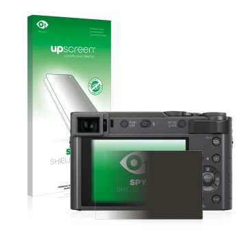 Face avant d’un emballage produit avec le logo de la marque upscreen. À côté, l’appareil Panasonic Lumix DC-TZ200 est représen