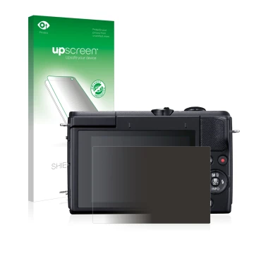 Face avant d’un emballage produit avec le logo de la marque upscreen. À côté, l’appareil Canon EOS M200 est représenté avec la