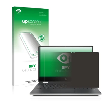 Face avant d’un emballage produit avec le logo de la marque upscreen. À côté, l’appareil HP Pavilion x360 (14-dhX) est représe