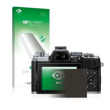 Face avant d’un emballage produit avec le logo de la marque upscreen. À côté, l’appareil Olympus OM-D E-M5 Mark III est représ