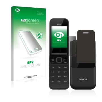 Face avant d’un emballage produit avec le logo de la marque upscreen. À côté, l’appareil Nokia 2720 Flip est représenté avec l