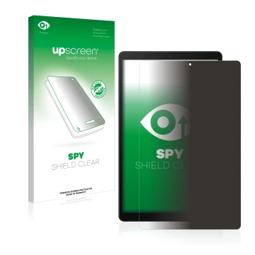 Face avant d’un emballage produit avec le logo de la marque upscreen. À côté, l’appareil Samsung Galaxy Tab A 10.1 LTE 2019 es