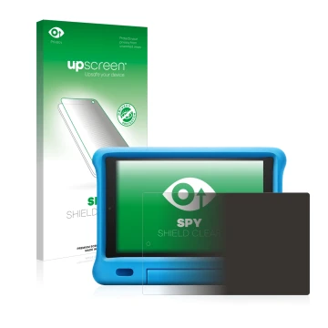 Face avant d’un emballage produit avec le logo de la marque upscreen. À côté, l’appareil Amazon Fire HD 10 Kids 2019 (9ème Gen