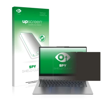 Face avant d’un emballage produit avec le logo de la marque upscreen. À côté, l’appareil Lenovo Yoga C940 14