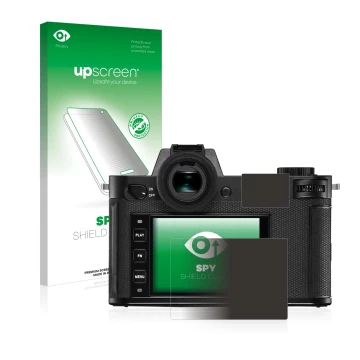 Face avant d’un emballage produit avec le logo de la marque upscreen. À côté, l’appareil Leica SL2 est représenté avec la prot