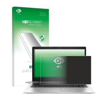 Face avant d’un emballage produit avec le logo de la marque upscreen. À côté, l’appareil HP EliteBook 850 G6 est représenté av