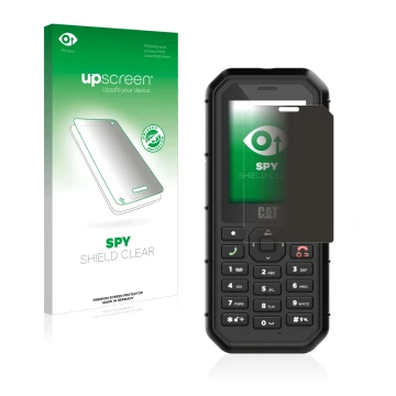 Face avant d’un emballage produit avec le logo de la marque upscreen. À côté, l’appareil Caterpillar Cat B26 est représenté av