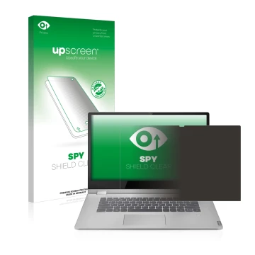 Face avant d’un emballage produit avec le logo de la marque upscreen. À côté, l’appareil Lenovo IdeaPad C340 15