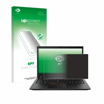 Face avant d’un emballage produit avec le logo de la marque upscreen. À côté, l’appareil Lenovo ThinkPad T490s est représenté 