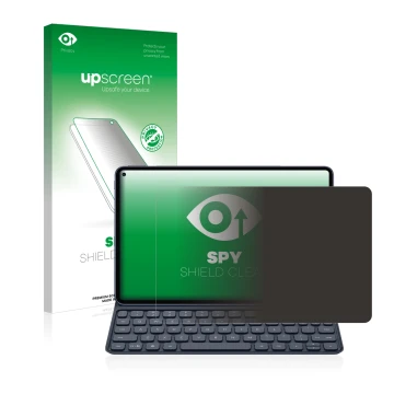 Face avant d’un emballage produit avec le logo de la marque upscreen. À côté, l’appareil Huawei MatePad Pro (2019) est représe