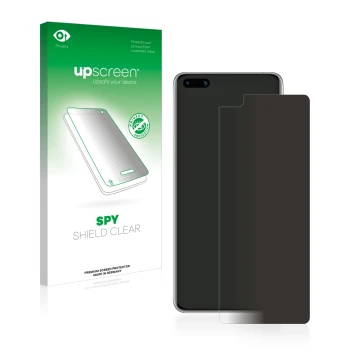 Face avant d’un emballage produit avec le logo de la marque upscreen. À côté, l’appareil Huawei P40 est représenté avec la pro