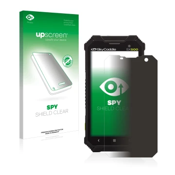 Face avant d’un emballage produit avec le logo de la marque upscreen. À côté, l’appareil SkyCaddie SX500 est représenté avec l