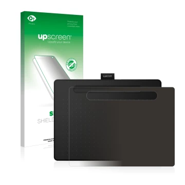 Face avant d’un emballage produit avec le logo de la marque upscreen. À côté, l’appareil Wacom Intuos M est représenté avec la