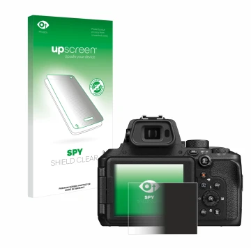 Face avant d’un emballage produit avec le logo de la marque upscreen. À côté, l’appareil Nikon Coolpix P950 est représenté ave