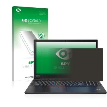 Face avant d’un emballage produit avec le logo de la marque upscreen. À côté, l’appareil Lenovo ThinkPad E14 Gen 2 est représe