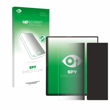 Face avant d’un emballage produit avec le logo de la marque upscreen. À côté, l’appareil Huawei Mate Xs est représenté avec la